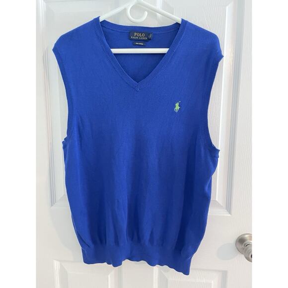 Polo Ralph Lauren Vest Mens Size L Pima Cotton Sweater V-Neck Royal Blue Pony